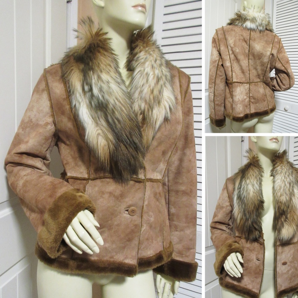 Vintage Y2K 90s Anne Klein Suede Jacket Faux Fur Coat Penny Lane Mobwife Winter